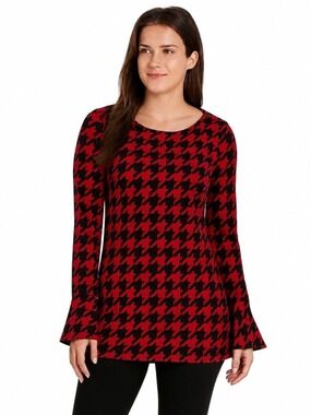 Chaus Red Black Houndstooth Bell Sleeve Top Size Small